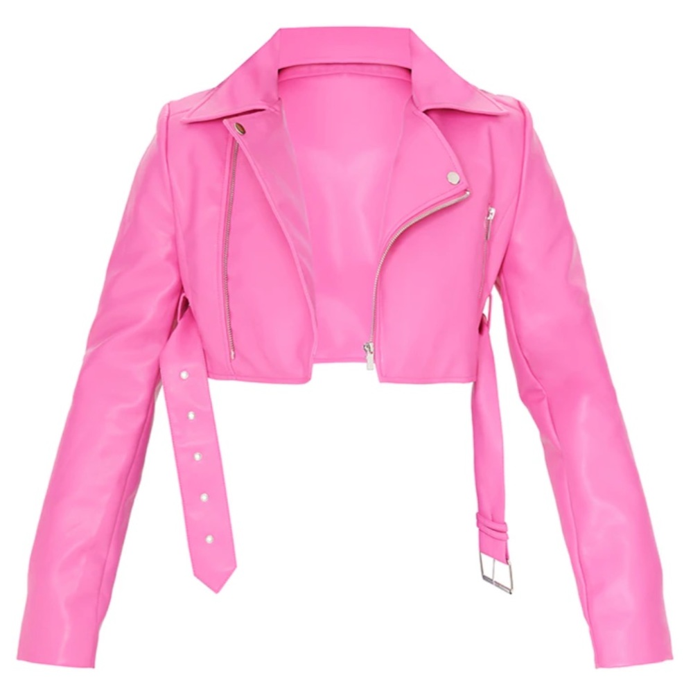 PrettyLittleThing Pink Faux Leather Super Cropped Belted Biker Jacket